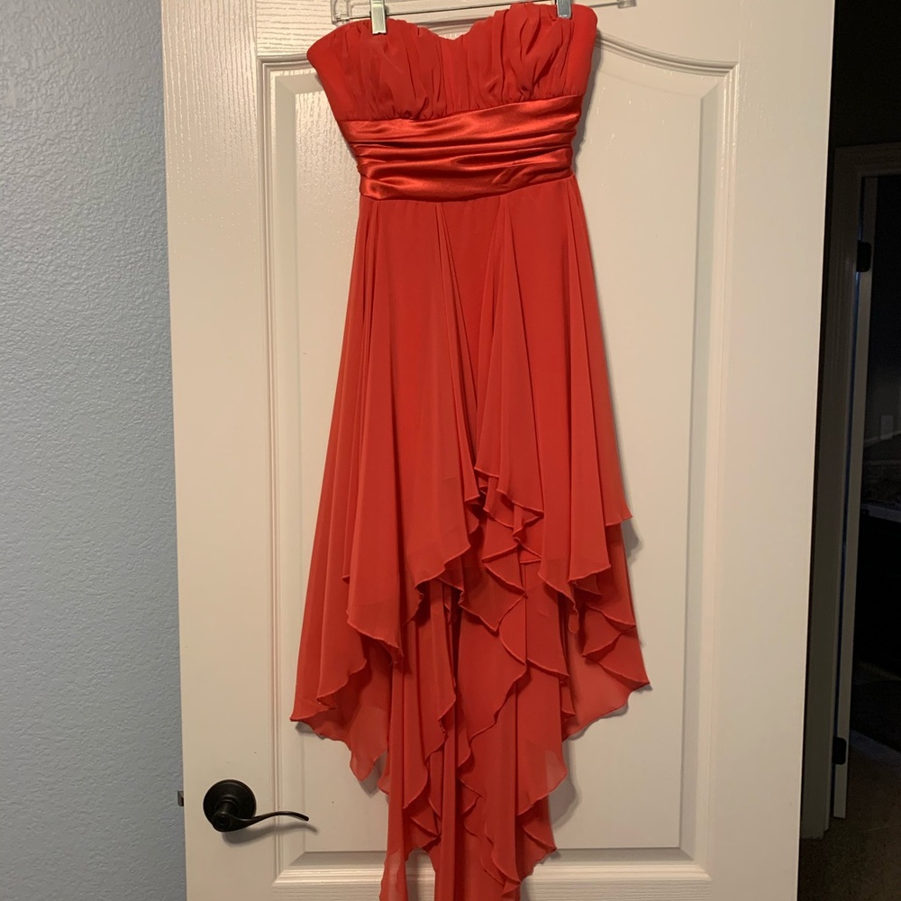 Coral flowy strapless dress